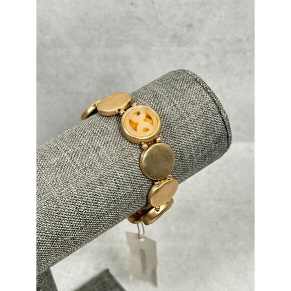 Chicos Bracelet Medallion Red Cream Acrylic Reversible Gold Tone Stretchy NWT - Picture 6 of 7